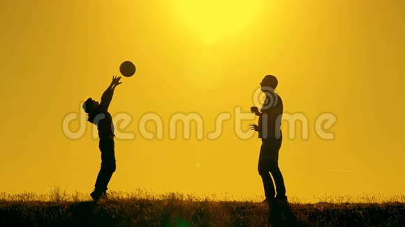日落时分父亲和儿子在公园里打排球在灿烂的阳光下剪影视频的预览图