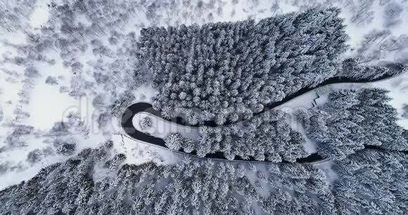 头顶高空俯视汽车行驶在簪弯转弯的山路上冬雪覆盖森林白松松松视频的预览图