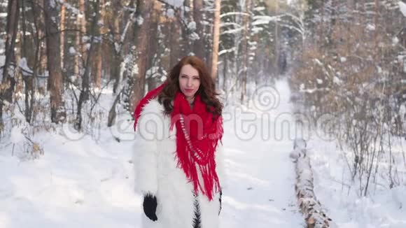 迷人的金发碧眼穿着白色的毛皮外套戴着红领巾在冬天的森林背景上摆着姿势穿白色毛皮的模特视频的预览图