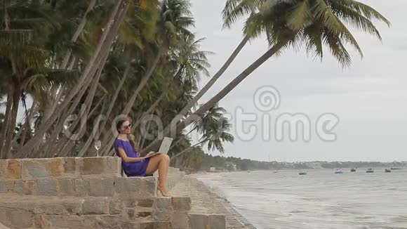 美丽的女孩在笔记本电脑上工作喝葡萄酒在海边放松视频的预览图