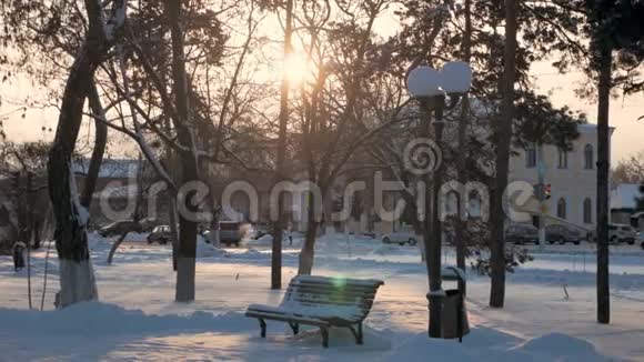 城市冬季公园的旧木凳视频的预览图