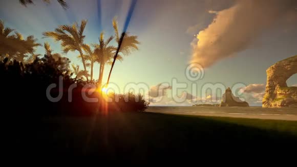 热带岛屿日出时有棕榈树和岩石在海洋中淘沙视频的预览图