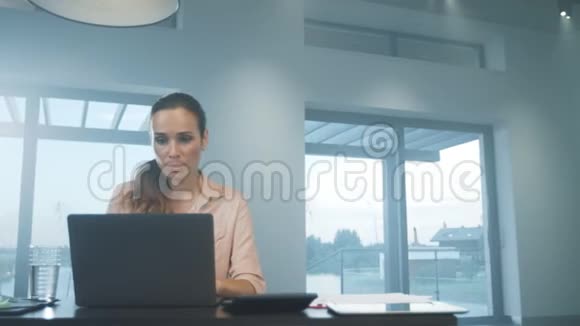 商业女性在电脑工作快乐的人在笔记本上聊天视频的预览图