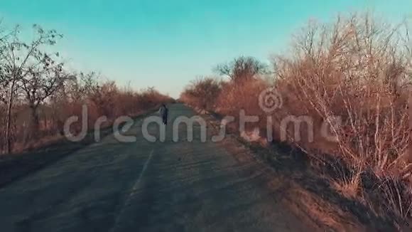 一个人沿着森林带沿着公路跑空中飞行视频的预览图