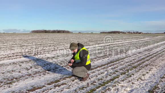 农民在雪覆盖的植物上使用平板电脑视频的预览图
