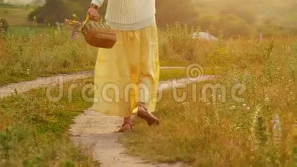 美丽的白种人妇女走在普罗旺斯的田野享受时间和阳光旅行概念视频的预览图