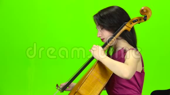 音乐家专业演奏大提琴绿色屏幕侧视图视频的预览图