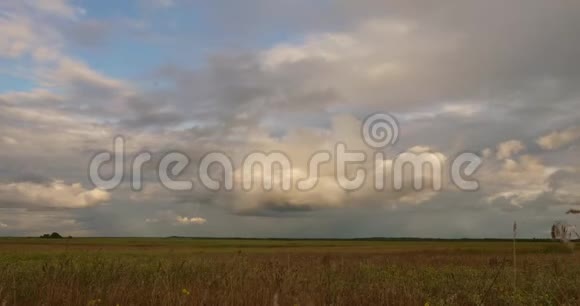 春天野外的雨云时光流逝雨前的田野云层低低地飞过田野和森林视频的预览图