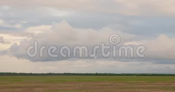 雨前的田野云层低飞在田野和森林上美丽的夜空野地的雨云视频的预览图