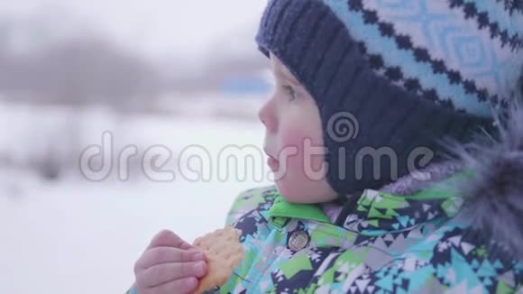 孩子在户外冬天吃饼干视频的预览图