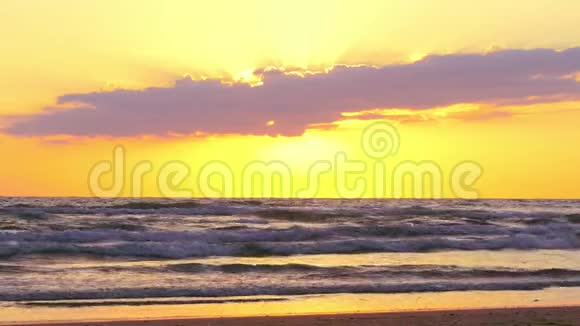 美丽的日落在海滩上穿过云层波浪翻滚海鸥飞翔视频的预览图