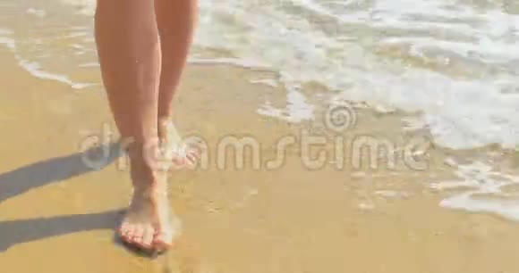 美丽的女人腿沿着沙滩走在水里行走视频的预览图