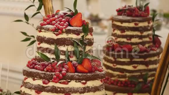 在婚礼招待会上用美食分层的结婚蛋糕视频的预览图