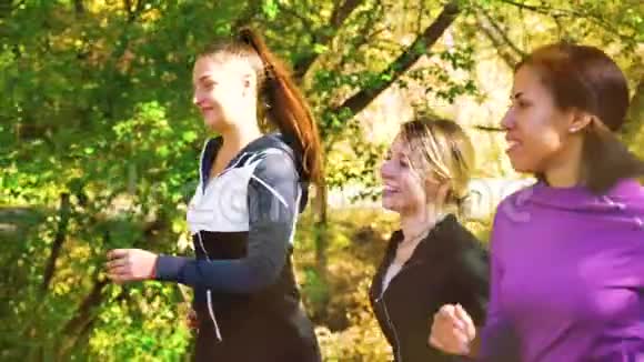 体育健身女孩在秋季公园慢跑视频的预览图