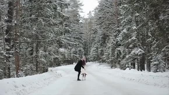 可爱的年轻时髦女人在冬天公园和他们的狗在一个明亮的日子和微笑女孩在玩比格视频的预览图