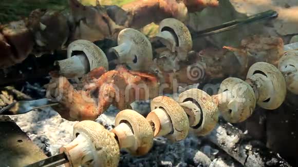 烤肉上的肉和蘑菇视频的预览图