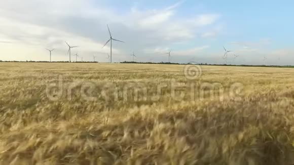 在晴朗的阳光天气里有风车和小麦的景观空中勘测关门视频的预览图