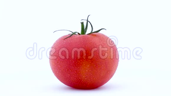 一个带有水滴的大红番茄正在白色背景上隔离的转盘上旋转特写镜头视频的预览图