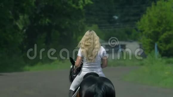 一个穿着白色头发和白色衣服的漂亮女孩慢慢地骑在一匹黑色棕色的种马上这个女孩完成了训练然后去了视频的预览图