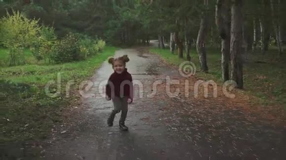 在秋天公园跑步的小漂亮女孩快乐童年的概念视频的预览图