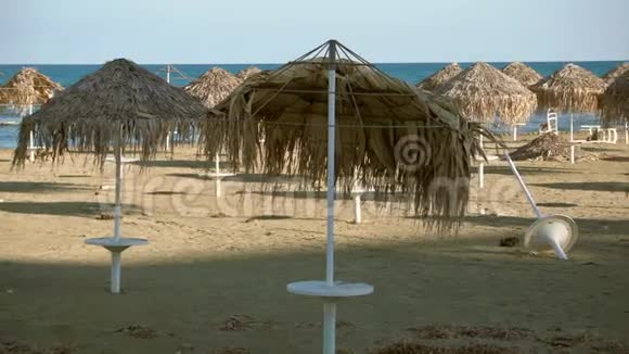 在淡季时一排排的海滩雨伞放在空荡荡的废弃海滩上破碎视频的预览图
