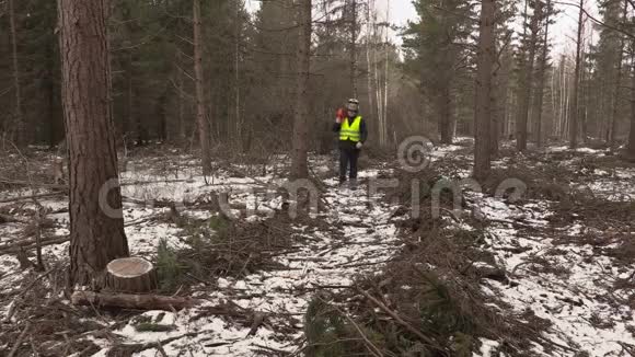 在被摧毁的森林里用电锯行走的伐木工人视频的预览图