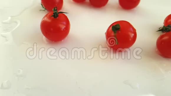 樱桃番茄新鲜健康美味变湿白色背景慢镜头拍摄视频的预览图