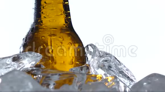 啤酒容量节是冰中的一瓶啤酒白色背景关门视频的预览图