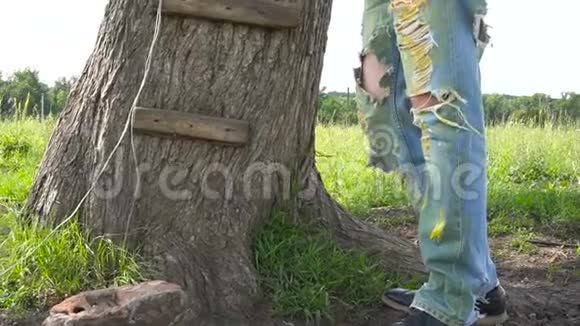一个英俊的长胡子的人正靠在田野里的树上视频的预览图