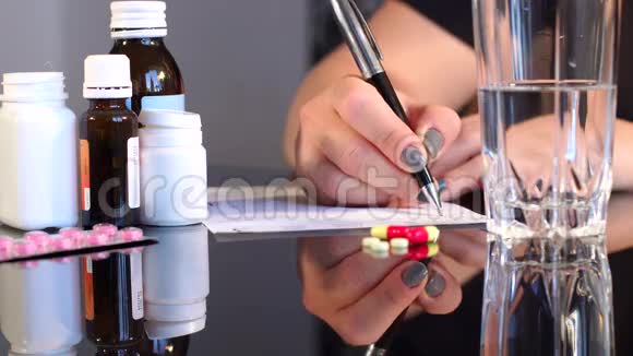 女人在写处方药片在前台视频的预览图
