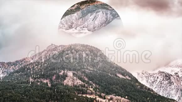 抽象山上覆盖着绿色的森林和雪大圆与景观倒映山地视频的预览图