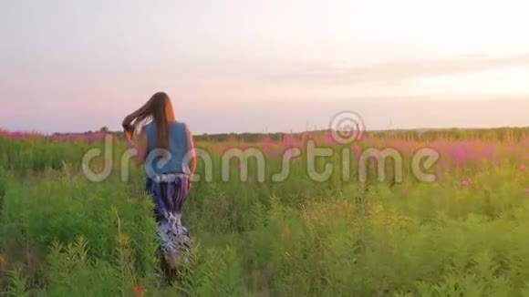 穿着裙子的年轻女子正沿着一片绿色的田野在野花丛中散步夕阳西下慢动作视频的预览图