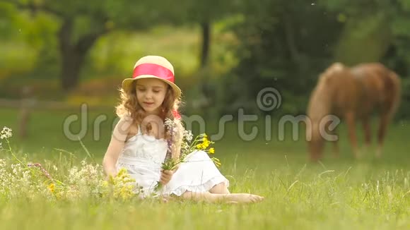 婴儿坐在一片空地上翻过被撕破的野花从它们身上做一束花慢动作视频的预览图