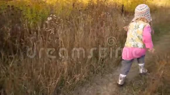 一个小女孩穿过秋天的田野从日落中发光慢动作视频视频的预览图