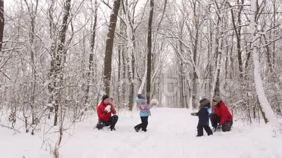 孩子们和父母在森林里打雪球冬天寒冷视频的预览图