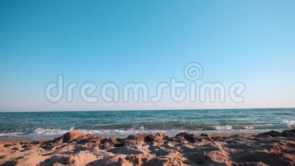 花美丽的苗条女孩走在海滩上拿着冲浪板傍晚日落时跑步害怕视频的预览图