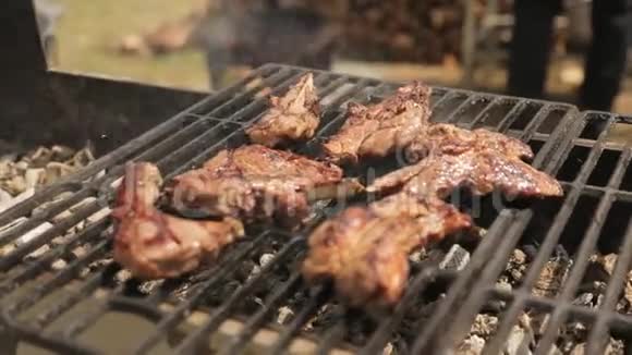 在烤肉架上用煤块烹制的开胃肉视频的预览图