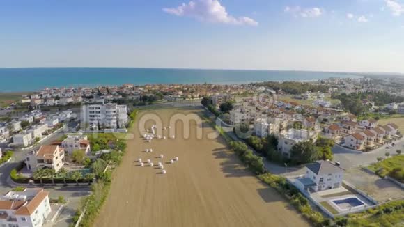 塞浦路斯海滨的热门度假小镇的俯视图无人驾驶飞机进行空中射击视频的预览图