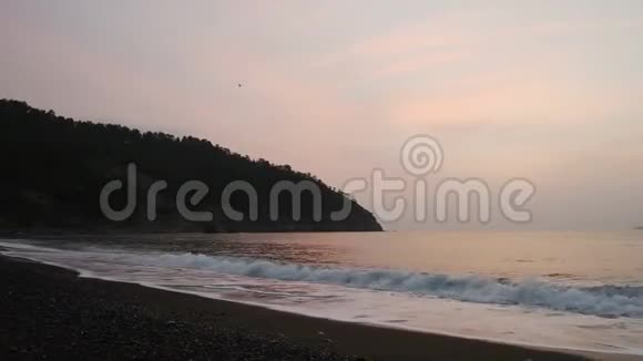 日落时沙滩上平静的海浪海水中的太阳反射自然背景晚间美丽高清视频的预览图
