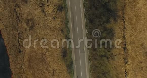 草地和田野之间道路的顶部鸟瞰图4K视频的预览图