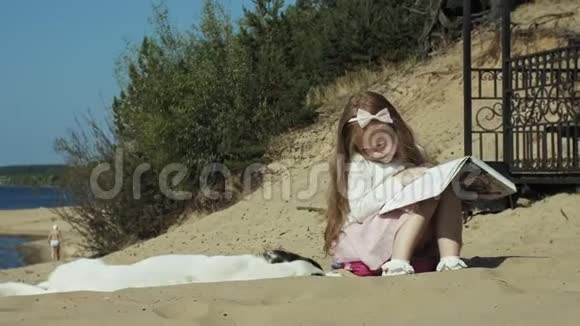 一个可爱的女孩坐在沙滩上读一本书抚摸一只狗视频的预览图