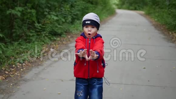 一个漂亮的孩子正沿着公园的小巷走户外活动视频的预览图
