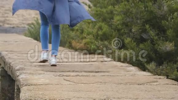 年轻的女游客背着背包走在户外的石头小径上女人的腿在美丽的岩石上视频的预览图