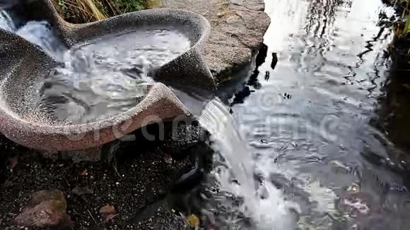 水流从喷泉碗流入池塘视频的预览图