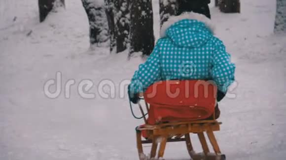 坐在木雪橇上的小女孩从松林里的一座雪山上下来慢动作视频的预览图