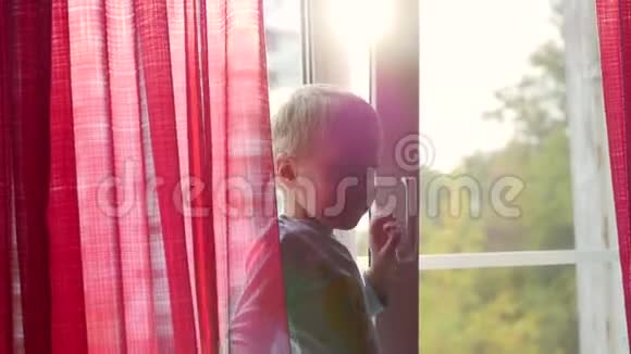 一个孩子站在窗台上看着窗外的太阳在窗户上红色的窗帘视频的预览图