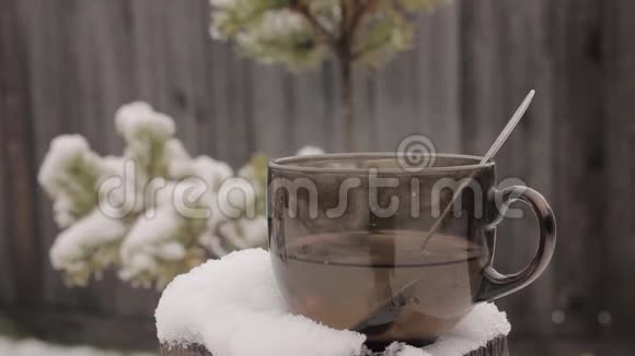 一杯热茶放在白雪覆盖的树桩上放在栅栏和云杉树枝上视频的预览图