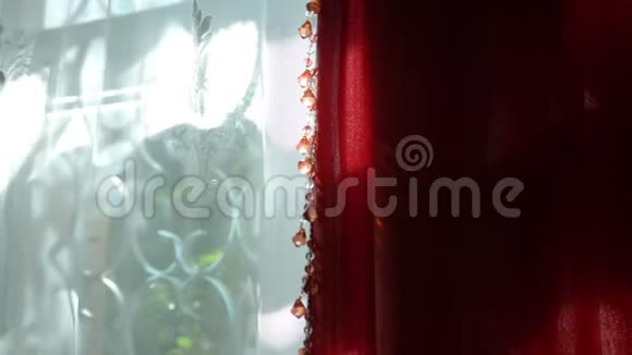 晴朗的晴天窗上挂着美丽的红白相间的窗帘装饰珠上阳光明媚的眩光视频的预览图