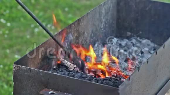 在烤炉上用洋葱和腌猪肉烤火视频的预览图