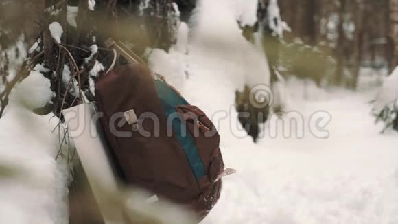 旅行背包挂在白雪覆盖的森林中的树枝上视频的预览图